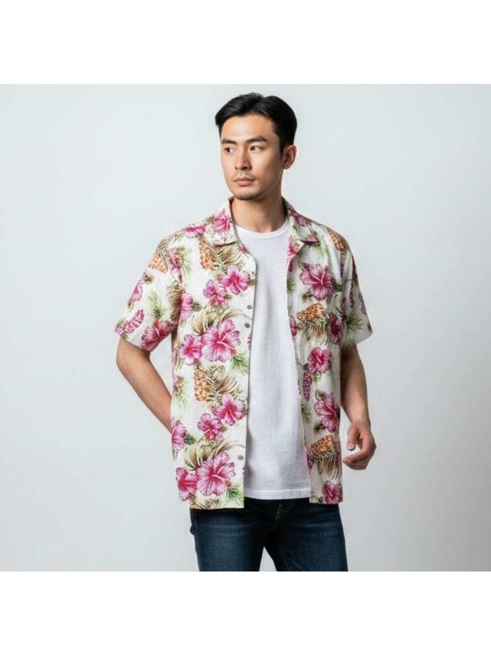 Mens SSLR Tropical Floral Shirt Small White Pink Cotton Vacation Beach Shirt
